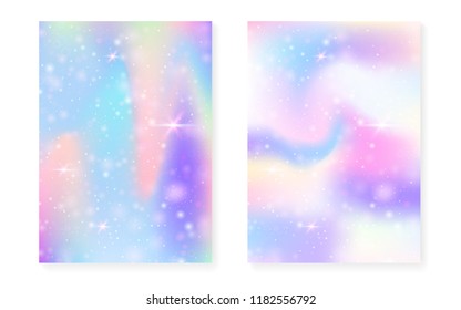 Unicorn background with kawaii magic gradient. Princess rainbow hologram. Holographic fairy set. Mystical fantasy cover. Unicorn background with sparkles and stars for cute girl party invitation.