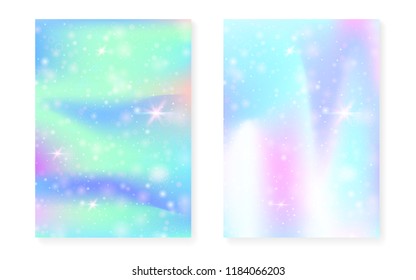 Unicorn background with kawaii magic gradient. Princess rainbow hologram. Holographic fairy set. Colorful fantasy cover. Unicorn background with sparkles and stars for cute girl party invitation.