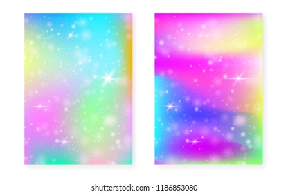 Unicorn background with kawaii magic gradient. Princess rainbow hologram. Holographic fairy set. Trendy fantasy cover. Unicorn background with sparkles and stars for cute girl party invitation.