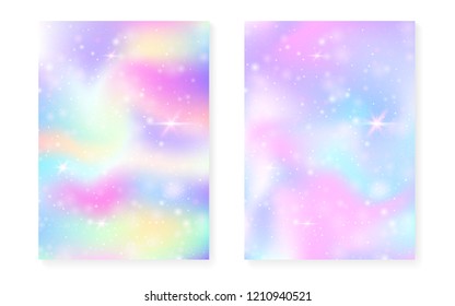Unicorn background with kawaii magic gradient. Princess rainbow hologram. Holographic fairy set. Fluorescent fantasy cover. Unicorn background with sparkles and stars for cute girl party invitation.