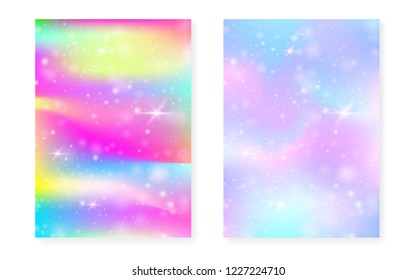 Unicorn background with kawaii magic gradient. Princess rainbow hologram. Holographic fairy set. Vibrant fantasy cover. Unicorn background with sparkles and stars for cute girl party invitation.