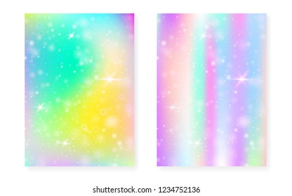 Unicorn background with kawaii magic gradient. Princess rainbow hologram. Holographic fairy set. Bright fantasy cover. Unicorn background with sparkles and stars for cute girl party invitation.