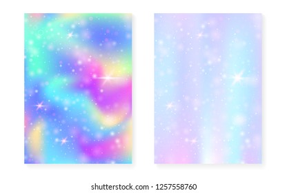 Unicorn background with kawaii magic gradient. Princess rainbow hologram. Holographic fairy set. Fluorescent fantasy cover. Unicorn background with sparkles and stars for cute girl party invitation.