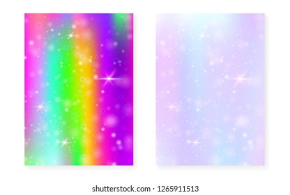 Unicorn background with kawaii magic gradient. Princess rainbow hologram. Holographic fairy set. Multicolor fantasy cover. Unicorn background with sparkles and stars for cute girl party invitation. - Shutterstock ID 1265911513