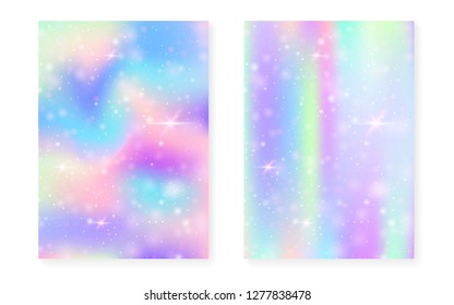 Unicorn background with kawaii magic gradient. Princess rainbow hologram. Holographic fairy set. Fluorescent fantasy cover. Unicorn background with sparkles and stars for cute girl party invitation.