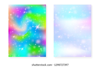 Unicorn background with kawaii magic gradient. Princess rainbow hologram. Holographic fairy set. Bright fantasy cover. Unicorn background with sparkles and stars for cute girl party invitation.