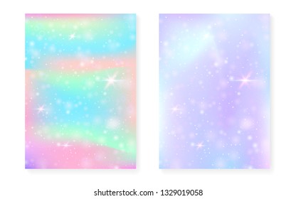 Unicorn background with kawaii magic gradient. Princess rainbow hologram. Holographic fairy set. Trendy fantasy cover. Unicorn background with sparkles and stars for cute girl party invitation.