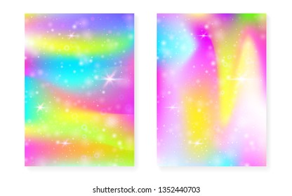 Unicorn background with kawaii magic gradient. Princess rainbow hologram. Holographic fairy set. Vibrant fantasy cover. Unicorn background with sparkles and stars for cute girl party invitation.