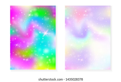 Unicorn background with kawaii magic gradient. Princess rainbow hologram. Holographic fairy set. Bright fantasy cover. Unicorn background with sparkles and stars for cute girl party invitation.