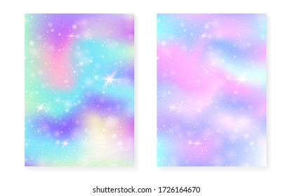 Fondo Unicornio con gradiente mágico kawaii. Holograma del arco iris de la princesa. Juego de hadas holográficas. Brillante cubierta de fantasía. Fondo de Unicornio con brillo y estrellas para la linda invitación a fiesta de chicas.
