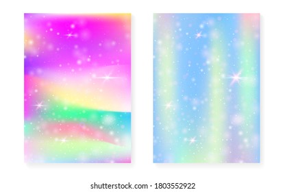 Fondo Unicornio con gradiente mágico kawaii. Holograma del arco iris de la princesa. Juego de hadas holográficas. Portada de fantasía de moda. Fondo de Unicornio con brillo y estrellas para la linda invitación a fiesta de chicas.