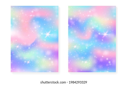 Unicorn background with kawaii magic gradient. Princess rainbow hologram. Holographic fairy set. Bright fantasy cover. Unicorn background with sparkles and stars for cute girl party invitation.