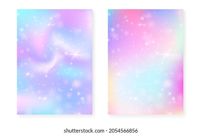 Unicorn background with kawaii magic gradient. Princess rainbow hologram. Holographic fairy set. Trendy fantasy cover. Unicorn background with sparkles and stars for cute girl party invitation.