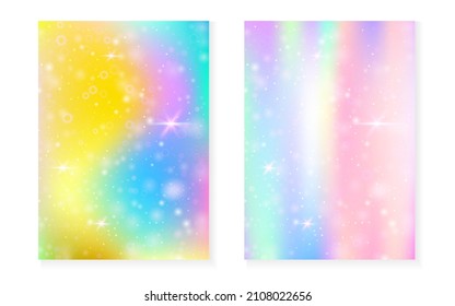 Unicorn background with kawaii magic gradient. Princess rainbow hologram. Holographic fairy set. Multicolor fantasy cover. Unicorn background with sparkles and stars for cute girl party invitation.