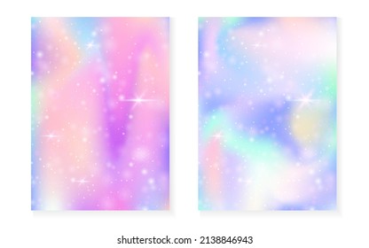 Unicorn background with kawaii magic gradient. Princess rainbow hologram. Holographic fairy set. Spectrum fantasy cover. Unicorn background with sparkles and stars for cute girl party invitation.