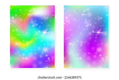 Unicorn background with kawaii magic gradient. Princess rainbow hologram. Holographic fairy set. Trendy fantasy cover. Unicorn background with sparkles and stars for cute girl party invitation.