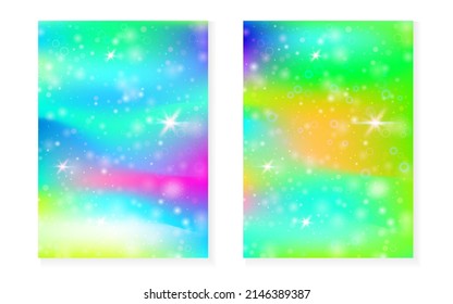 Unicorn background with kawaii magic gradient. Princess rainbow hologram. Holographic fairy set. Colorful fantasy cover. Unicorn background with sparkles and stars for cute girl party invitation.