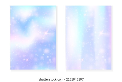 Unicorn background with kawaii magic gradient. Princess rainbow hologram. Holographic fairy set. Creative fantasy cover. Unicorn background with sparkles and stars for cute girl party invitation.