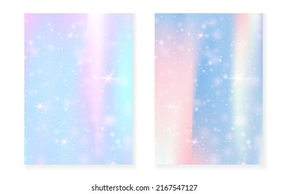 Unicorn background with kawaii magic gradient. Princess rainbow hologram. Holographic fairy set. Mystical fantasy cover. Unicorn background with sparkles and stars for cute girl party invitation.