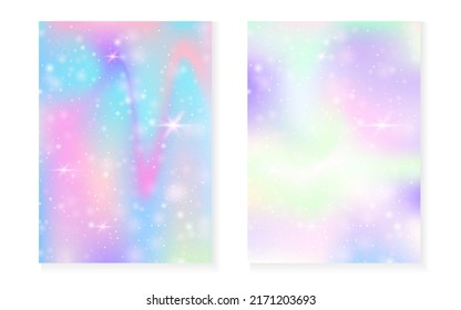 Fondo Unicornio con gradiente mágico kawaii. Holograma del arco iris de la princesa. Juego de hadas holográficas. Cubierta creativa de fantasía. Fondo de Unicornio con brillo y estrellas para la linda invitación a fiesta de chicas.