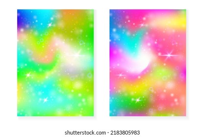 Fondo Unicornio con gradiente mágico kawaii. Holograma del arco iris de la princesa. Juego de hadas holográficas. Cubierta creativa de fantasía. Fondo de Unicornio con brillo y estrellas para la linda invitación a fiesta de chicas.