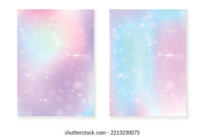 Unicorn background with kawaii magic gradient. Princess rainbow hologram. Holographic fairy set. Fluorescent fantasy cover. Unicorn background with sparkles and stars for cute girl party invitation.