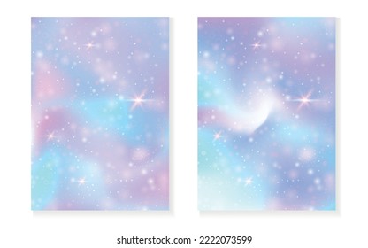 Unicorn background with kawaii magic gradient. Princess rainbow hologram. Holographic fairy set. Multicolor fantasy cover. Unicorn background with sparkles and stars for cute girl party invitation.