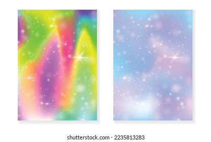 Unicorn background with kawaii magic gradient. Princess rainbow hologram. Holographic fairy set. Creative fantasy cover. Unicorn background with sparkles and stars for cute girl party invitation.