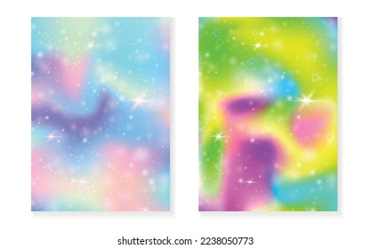 Unicorn background with kawaii magic gradient. Princess rainbow hologram. Holographic fairy set. Colorful fantasy cover. Unicorn background with sparkles and stars for cute girl party invitation.