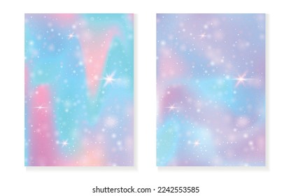 Unicorn background with kawaii magic gradient. Princess rainbow hologram. Holographic fairy set. Spectrum fantasy cover. Unicorn background with sparkles and stars for cute girl party invitation.