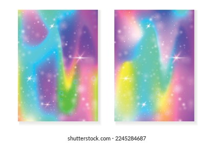 Unicorn background with kawaii magic gradient. Princess rainbow hologram. Holographic fairy set. Multicolor fantasy cover. Unicorn background with sparkles and stars for cute girl party invitation.