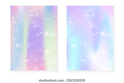 Unicorn background with kawaii magic gradient. Princess rainbow hologram. Holographic fairy set. Spectrum fantasy cover. Unicorn background with sparkles and stars for cute girl party invitation.