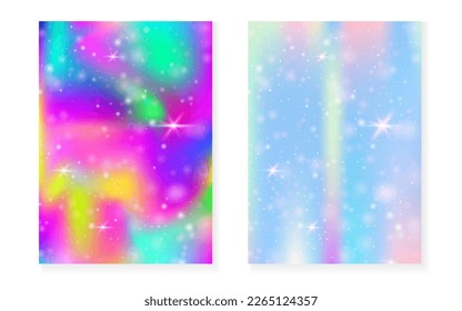 Einfarbiger Hintergrund mit kawaii-Zaubergradienten. Prinzessin Regenbogen-Hologramm. Holografisches Märchenset. Mystische Fantasiebedeckung. Unicorn Hintergrund mit Funkeln und Sternen für süße Girl-Party-Einladung.