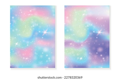 Unicorn background with kawaii magic gradient. Princess rainbow hologram. Holographic fairy set. Bright fantasy cover. Unicorn background with sparkles and stars for cute girl party invitation.