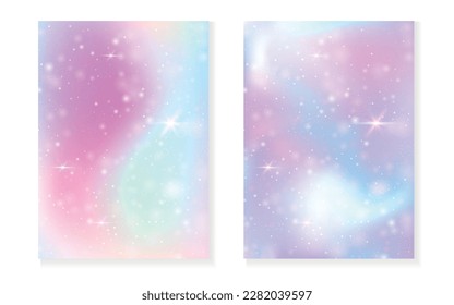 Fondo Unicornio con gradiente mágico kawaii. Holograma del arco iris de la princesa. Juego de hadas holográficas. Cubierta mística de fantasía. Fondo de Unicornio con brillo y estrellas para la linda invitación a fiesta de chicas.