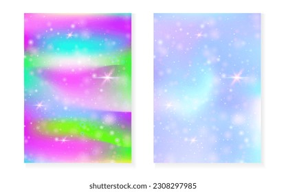 Unicorn background with kawaii magic gradient. Princess rainbow hologram. Holographic fairy set. Creative fantasy cover. Unicorn background with sparkles and stars for cute girl party invitation.
