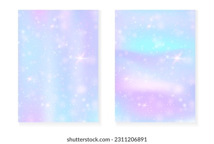 Fondo Unicornio con gradiente mágico kawaii. Holograma del arco iris de la princesa. Juego de hadas holográficas. Portada de fantasía de moda. Fondo de Unicornio con brillo y estrellas para la linda invitación a fiesta de chicas.