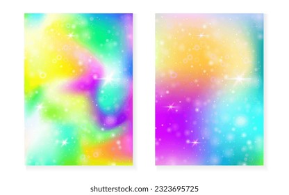 Unicorn background with kawaii magic gradient. Princess rainbow hologram. Holographic fairy set. Spectrum fantasy cover. Unicorn background with sparkles and stars for cute girl party invitation.