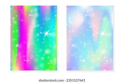 Fondo Unicornio con gradiente mágico kawaii. Holograma del arco iris de la princesa. Juego de hadas holográficas. Cubierta de fantasía del espectro. Fondo de Unicornio con brillo y estrellas para la linda invitación a fiesta de chicas.