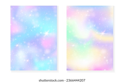 Unicorn background with kawaii magic gradient. Princess rainbow hologram. Holographic fairy set. Creative fantasy cover. Unicorn background with sparkles and stars for cute girl party invitation. - Shutterstock ID 2366444207