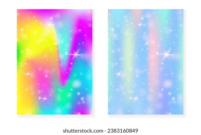 Unicorn background with kawaii magic gradient. Princess rainbow hologram. Holographic fairy set. Colorful fantasy cover. Unicorn background with sparkles and stars for cute girl party invitation. - Shutterstock ID 2383160849