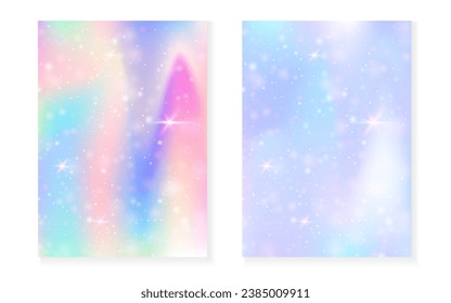 Unicorn background with kawaii magic gradient. Princess rainbow hologram. Holographic fairy set. Spectrum fantasy cover. Unicorn background with sparkles and stars for cute girl party invitation.