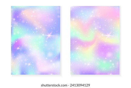 Unicorn background with kawaii magic gradient. Princess rainbow hologram. Holographic fairy set. Stylish fantasy cover. Unicorn background with sparkles and stars for cute girl party invitation.