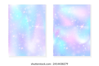 Unicorn background with kawaii magic gradient. Princess rainbow hologram. Holographic fairy set. Spectrum fantasy cover. Unicorn background with sparkles and stars for cute girl party invitation.