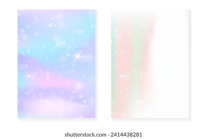 Unicorn background with kawaii magic gradient. Princess rainbow hologram. Holographic fairy set. Colorful fantasy cover. Unicorn background with sparkles and stars for cute girl party invitation.