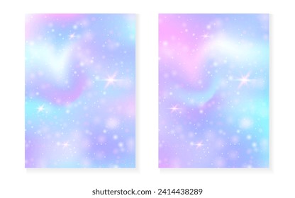 Unicorn background with kawaii magic gradient. Princess rainbow hologram. Holographic fairy set. Bright fantasy cover. Unicorn background with sparkles and stars for cute girl party invitation.