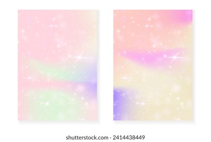 Fondo Unicornio con gradiente mágico kawaii. Holograma del arco iris de la princesa. Juego de hadas holográficas. Cubierta mística de fantasía. Fondo de Unicornio con brillo y estrellas para la linda invitación a fiesta de chicas.