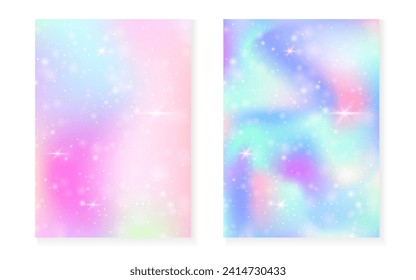 Unicorn background with kawaii magic gradient. Princess rainbow hologram. Holographic fairy set. Mystical fantasy cover. Unicorn background with sparkles and stars for cute girl party invitation.