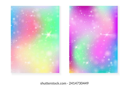 Unicorn background with kawaii magic gradient. Princess rainbow hologram. Holographic fairy set. Trendy fantasy cover. Unicorn background with sparkles and stars for cute girl party invitation.