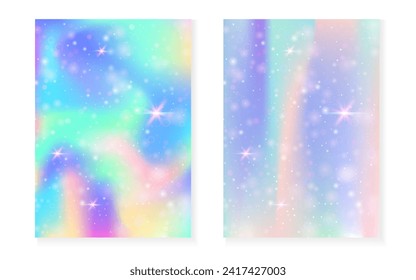 Unicorn background with kawaii magic gradient. Princess rainbow hologram. Holographic fairy set. Stylish fantasy cover. Unicorn background with sparkles and stars for cute girl party invitation.